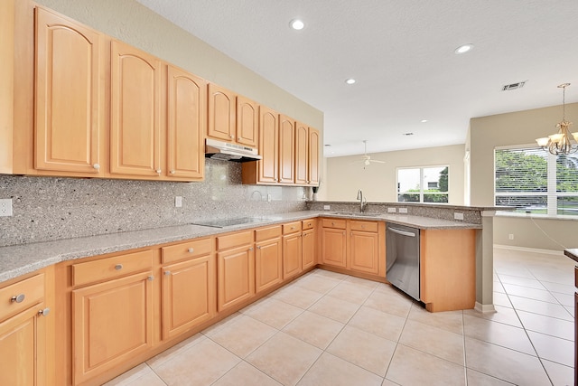 kitchen featuring black electric stovetop, backsplash, kitchen peninsula, pendant lighting, and stainless steel dishwasher