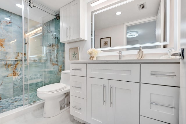 bathroom with walk in shower, vanity, and toilet