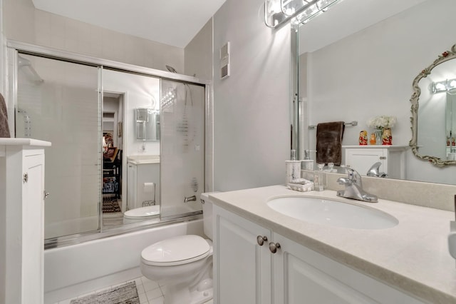 full bathroom with vanity, enclosed tub / shower combo, toilet, and tile patterned flooring