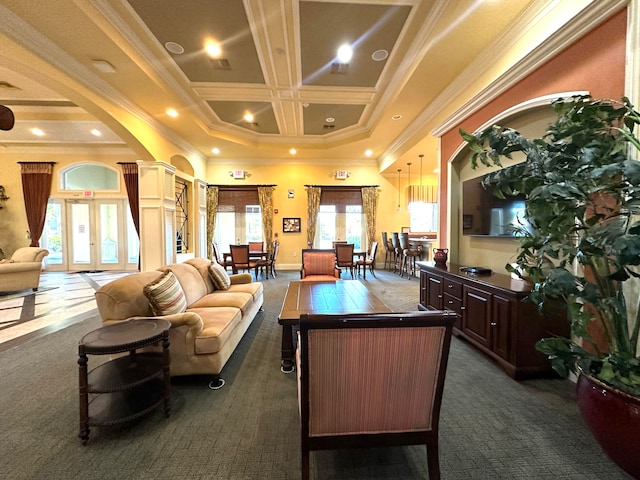 carpeted living room featuring a healthy amount of sunlight, beam ceiling, crown molding, and coffered ceiling