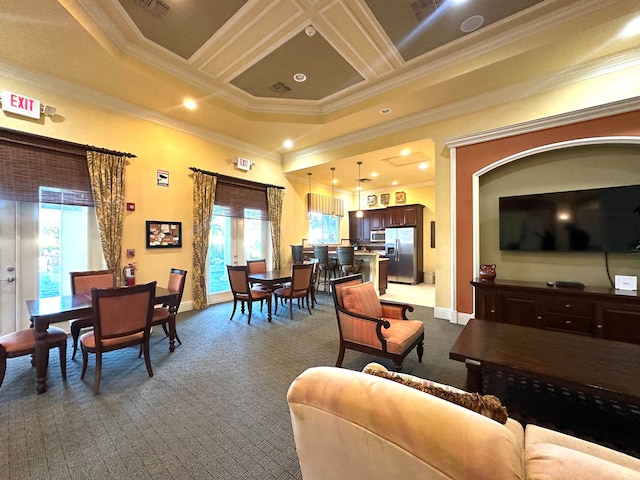 living room featuring crown molding, carpet, and coffered ceiling