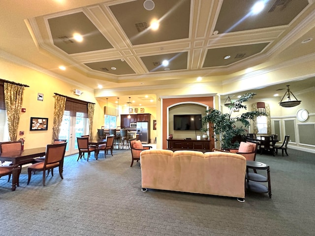 living room featuring dark colored carpet, beam ceiling, crown molding, and coffered ceiling