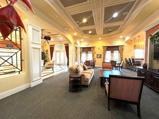 carpeted living room with beam ceiling, ornamental molding, and coffered ceiling