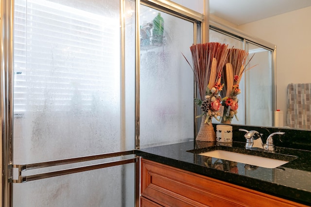 bathroom with a shower with door and vanity