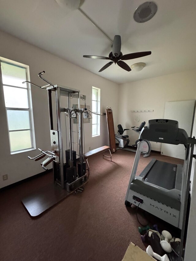 workout area with ceiling fan and a healthy amount of sunlight