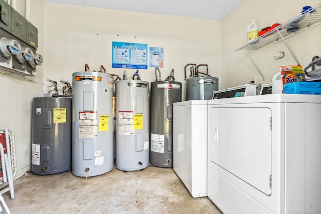 laundry area featuring electric water heater, water heater, and independent washer and dryer