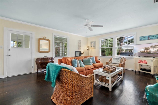 living room featuring ornamental molding, ceiling fan, and dark hardwood / wood-style flooring