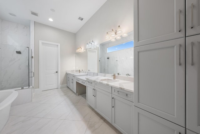 bathroom with vanity and plus walk in shower