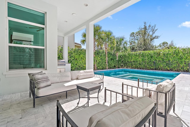 view of patio featuring an outdoor hangout area, area for grilling, a fenced in pool, and ceiling fan