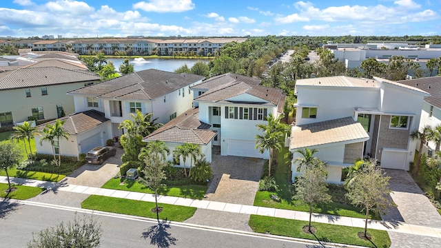 aerial view featuring a water view