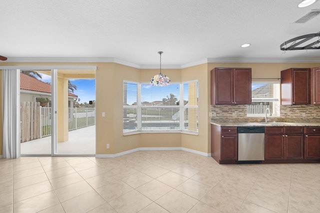 kitchen with tasteful backsplash, ornamental molding, dishwasher, sink, and decorative light fixtures