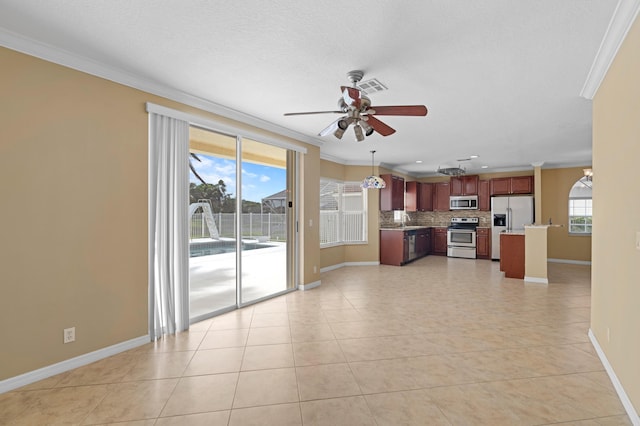 unfurnished living room featuring ornamental molding, ceiling fan, and light tile patterned floors