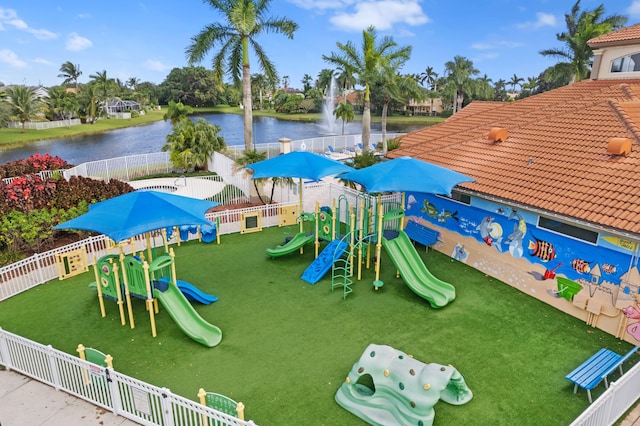 view of play area with a water view