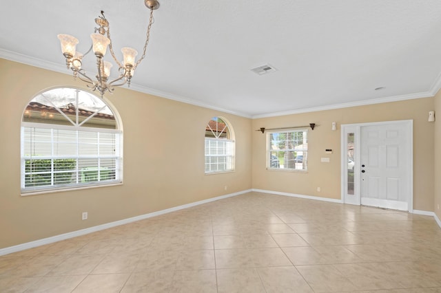 interior space featuring an inviting chandelier and crown molding