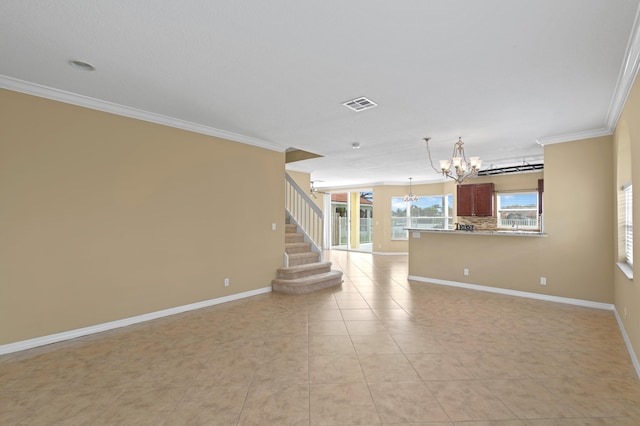 unfurnished living room featuring ornamental molding, light tile patterned floors, and a chandelier