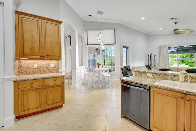 kitchen with backsplash, crown molding, pendant lighting, light tile patterned floors, and stainless steel dishwasher