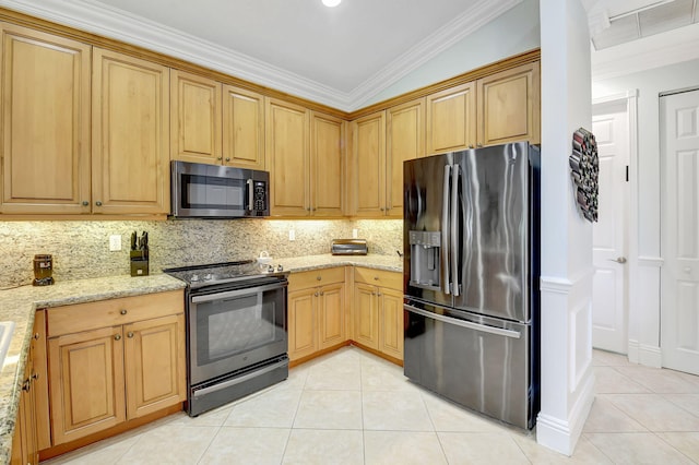 kitchen with backsplash, light stone countertops, vaulted ceiling, crown molding, and stainless steel appliances