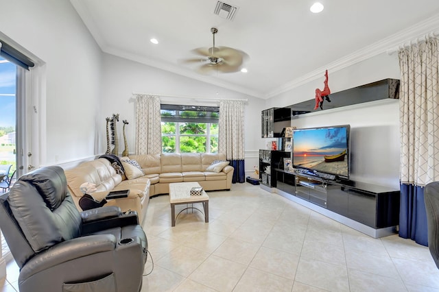 living room with lofted ceiling, crown molding, and light tile patterned flooring