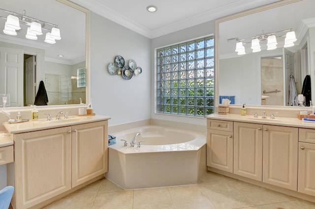 bathroom with vanity, ornamental molding, and shower with separate bathtub