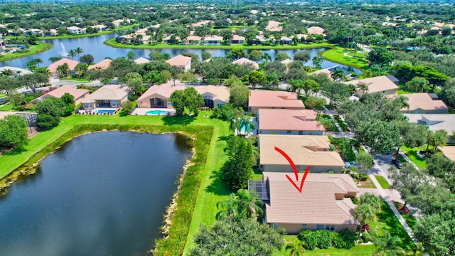 aerial view featuring a water view