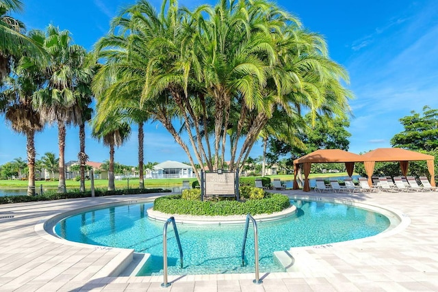 view of pool featuring a patio and a gazebo