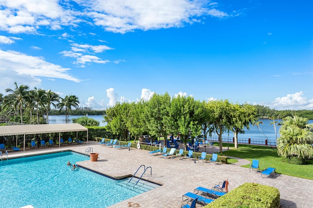 view of swimming pool with a water view