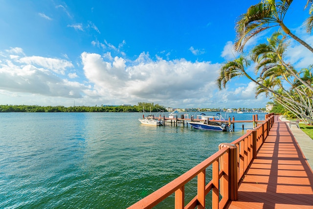 view of dock with a water view