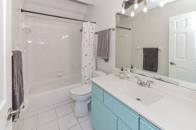 full bathroom featuring vanity, toilet, shower / bath combo with shower curtain, and tile patterned flooring