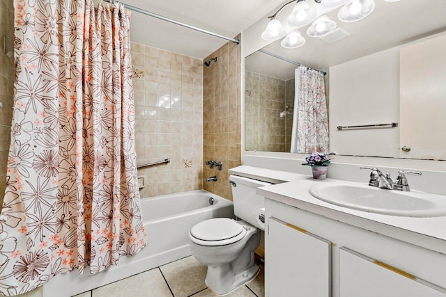 full bathroom with vanity, shower / bathtub combination with curtain, toilet, and tile patterned floors