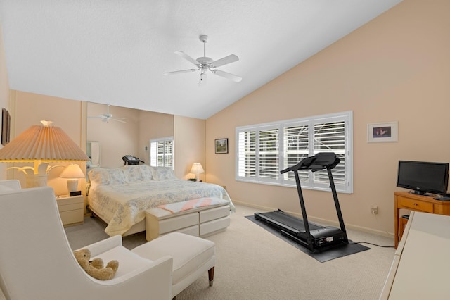 bedroom featuring light colored carpet, high vaulted ceiling, and ceiling fan