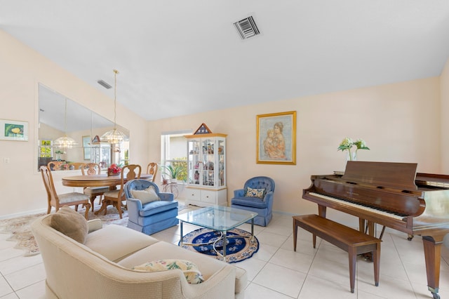 tiled living room featuring vaulted ceiling