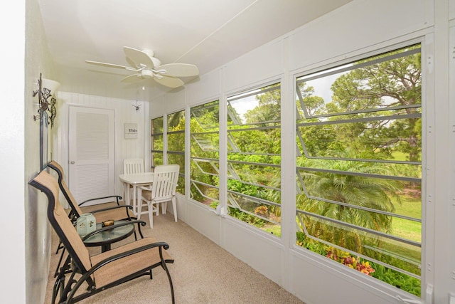 sunroom / solarium featuring ceiling fan