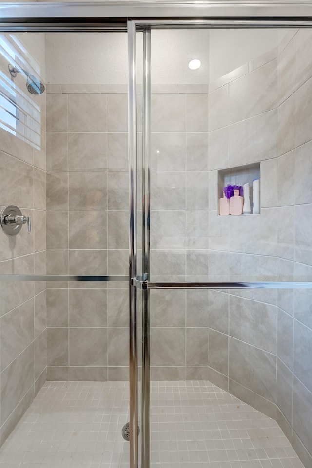 bathroom featuring a shower with shower door