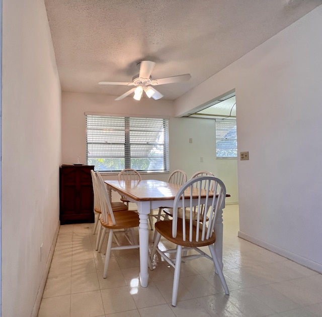 dining room with ceiling fan and a textured ceiling