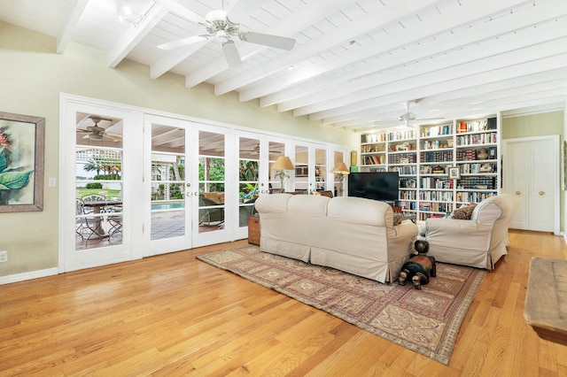 5400 Essex Ct, West Palm Beach, FL 33405 - living room with french doors, light wood-type flooring, wooden ceiling, and beam ceiling