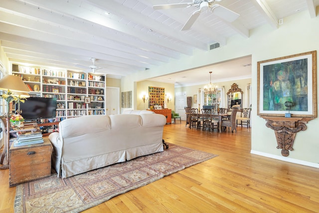 5400 Essex Ct, West Palm Beach, FL 33405 - living room with hardwood / wood-style floors, ceiling fan with notable chandelier, wooden ceiling, and beamed ceiling