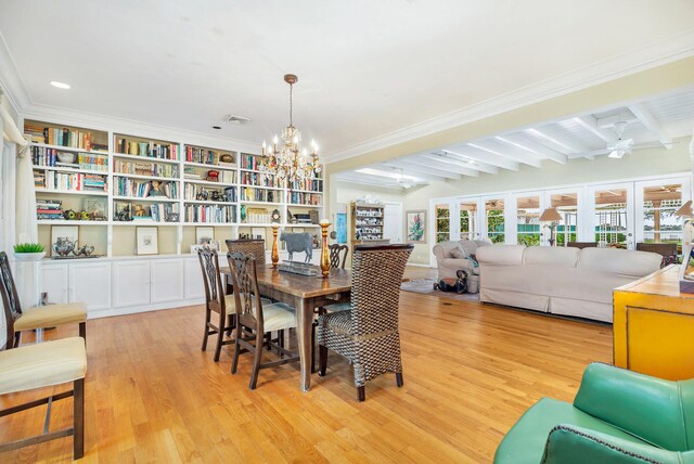 5400 Essex Ct, West Palm Beach, FL 33405 - dining room featuring beamed ceiling, ornamental molding, french doors, and light hardwood / wood-style flooring