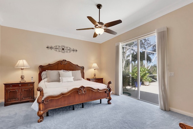 bedroom featuring ornamental molding, carpet floors, access to exterior, and ceiling fan