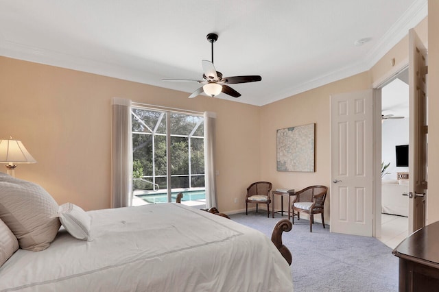 carpeted bedroom featuring access to outside, crown molding, and ceiling fan