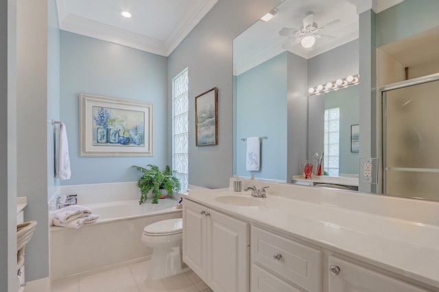 full bathroom featuring vanity, toilet, ornamental molding, and tile patterned flooring