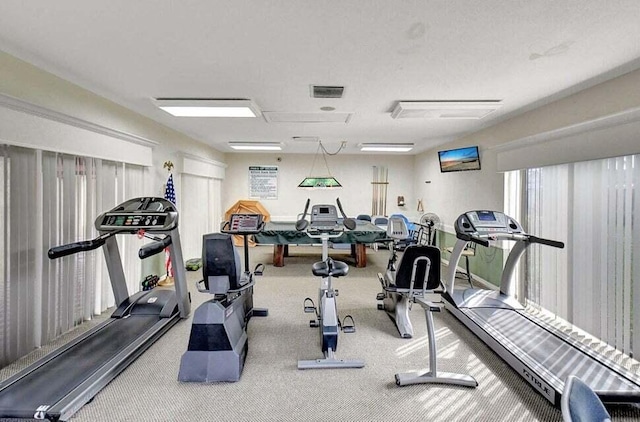 exercise room featuring carpet flooring