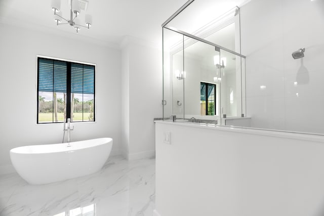 bathroom with ornamental molding and independent shower and bath