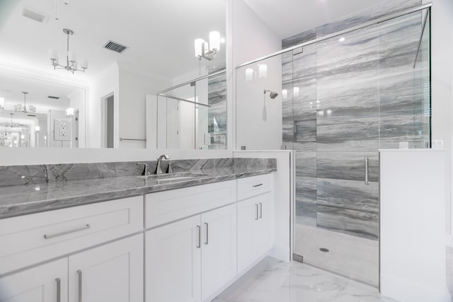 bathroom with a shower with door and vanity