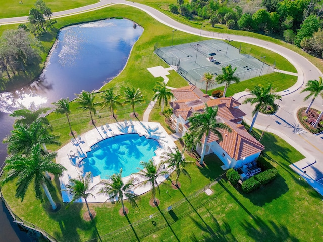 drone / aerial view featuring a water view