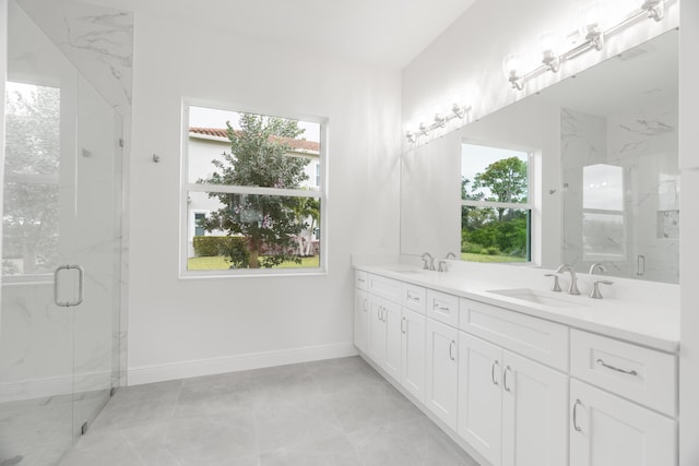 bathroom featuring vanity, a healthy amount of sunlight, and a shower with door