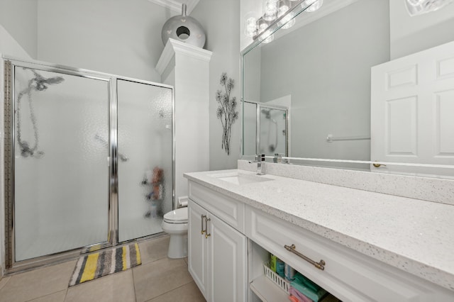 bathroom featuring tile patterned floors, vanity, toilet, and walk in shower