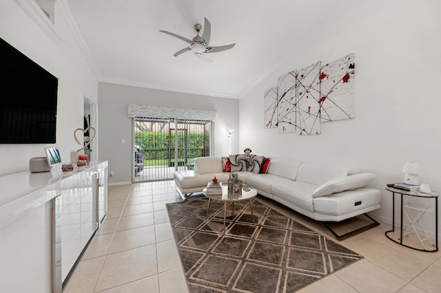 living room featuring tile patterned floors, crown molding, and ceiling fan