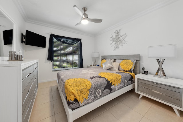 tiled bedroom with ceiling fan and crown molding