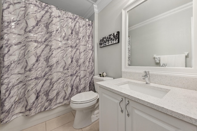 full bathroom featuring tile patterned floors, crown molding, shower / bath combination with curtain, toilet, and vanity