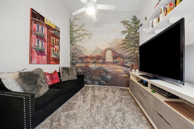 living room with light carpet, ceiling fan, and lofted ceiling